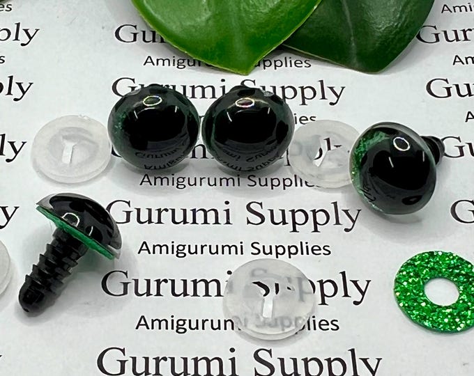 14mm Clear Safety Eyes with Green Glitter Non-Woven Slip Iris, Black OC Pupil and Washers: 1 Pair - Amigurumi / Off Center / Round