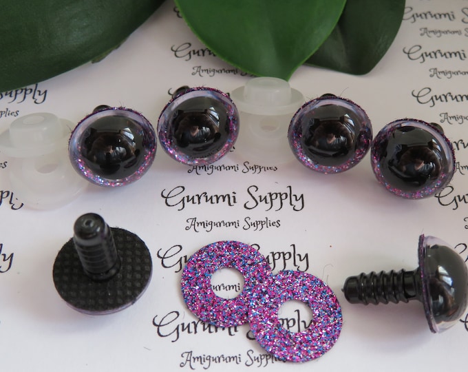 16mm Clear Round Safety Eyes with a Purple Sparkle Glitter Non-Woven Slip Iris, Black Pupil and Washers: 1 Pair - Amigurumi/Animal/Crochet