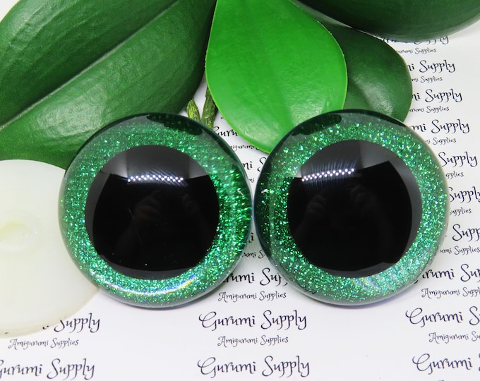 50mm Clear Round Safety Eyes with Green Glitter Non-Woven Slip Iris Black Pupil and Washers: 1 Pair - Doll / Amigurumi / Animal / Toy / Eyes