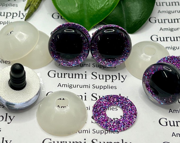 20mm Clear Trapezoid Plastic Safety Eyes with a Purple Sparkle  Glitter Non-Woven Slip Iris and Washers: 1 Pair - Doll / Amigurumi / Animal