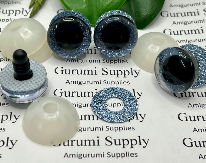 20mm Clear Trapezoid Plastic Safety Eyes with Blue Ice Glitter Non-Woven Slip Iris, Black Iris and Washers: 1 Pair - Amigurumi / Animal Eye