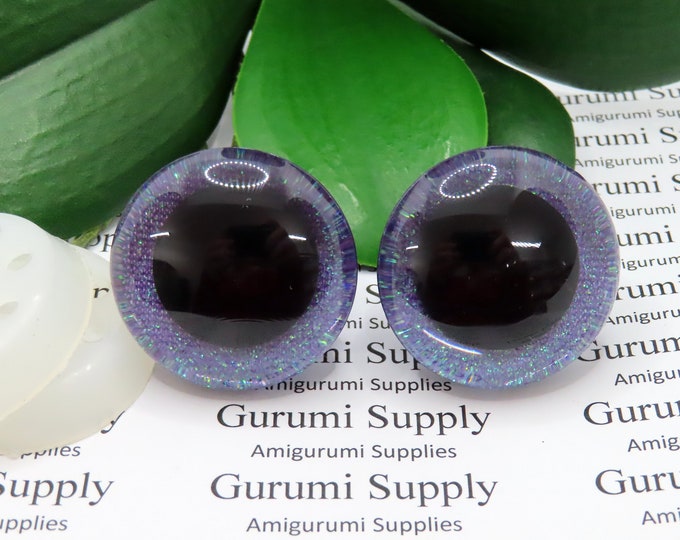 35mm ClearTrapezoid Plastic Safety Eyes with a Purple-Teal Frost Glitter Non-Woven Slip Iris and Washers: 1 Pair - Amigurumi / 3D / Crafts
