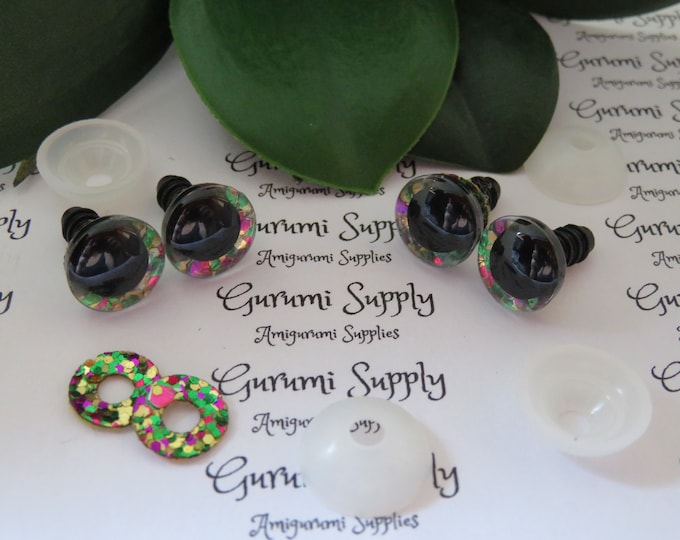 12mm Clear Trapezoid Plastic Safety Eyes with a Mardi Gras Glitter Non-Woven Slip Iris and Washers: 2 Pairs - Dolls/Amigurumi/Animal/Crochet