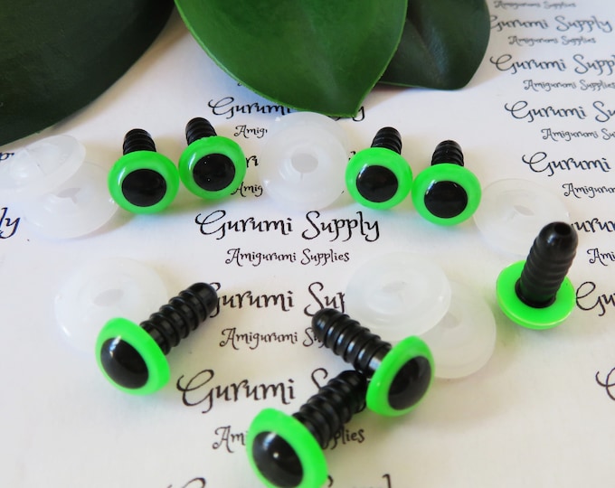 10mm Neon Green Iris Black Pupil Round Safety Eyes and Washers: 4 Pairs - Dolls/Amigurumi/Animals/ Stuffed Creations/Crochet/Paintfree/Knit