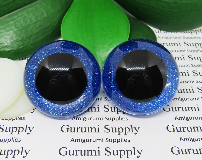 40mm Clear Round Safety Eyes with Dark Blue Glitter Non-Woven Slip Iris, Black Pupil and Washers: 1 Pair - Doll / Amigurumi / Animal