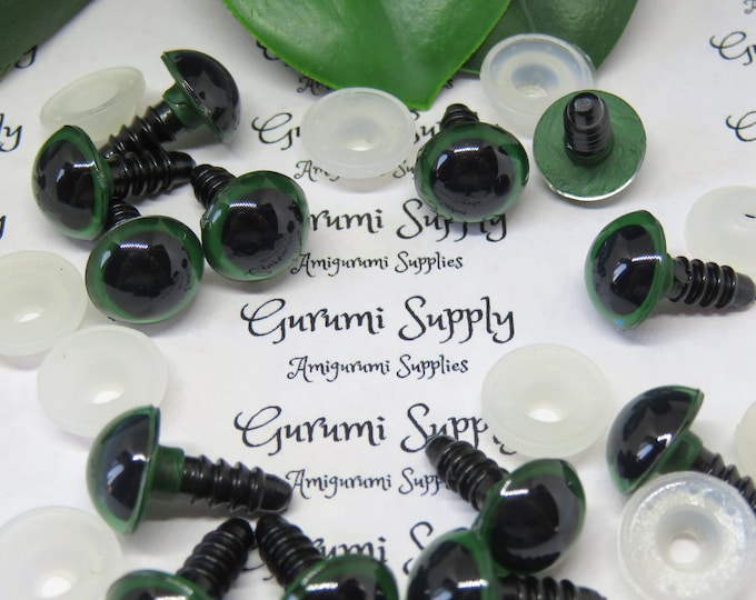 12mm Green Iris Black Pupil Round Safety Eyes and Washers: 3 Pairs - Dolls / Amigurumi / Animals / Creations / Crochet / Knit / Toys / Dolls