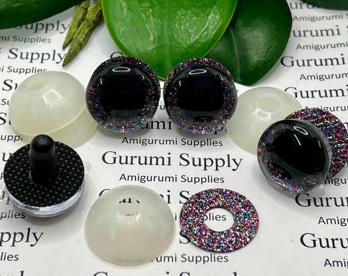20mm Clear Trapezoid Plastic Safety Eyes with a Dark Sparkle Glitter Non-Woven Slip Iris and Washers: 1 Pair - Doll / Amigurumi / Animal