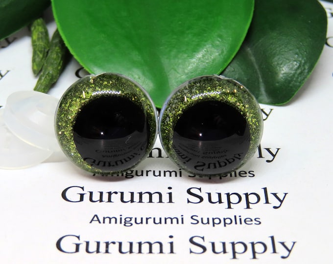 18mm Clear Safety Eyes with Yellow Green Glitter Non-Woven Slip Iris, Black OC Pupil and Washers: 1 Pair - Amigurumi / Off Center / Round