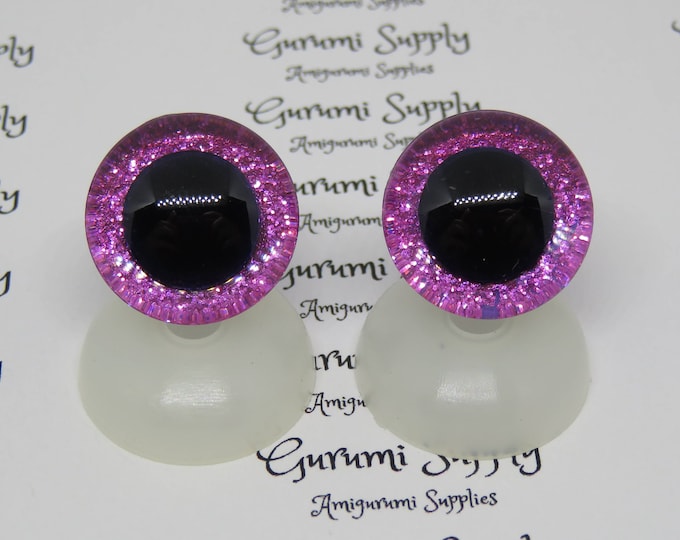 20mm Clear Trapezoid Plastic Safety Eyes with a Hot Pink Glitter Non-Woven Slip Iris and Washers: 1 Pair - Doll / Amigurumi / Animal Eyes