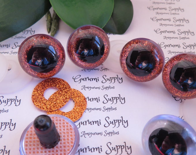 24mm Clear Round Plastic Safety Eyes with an Orange Glitter Non-Woven Slip Iris, Black Pupil and Washers: 1 Pair - Amigurumi/Animal/Crochet