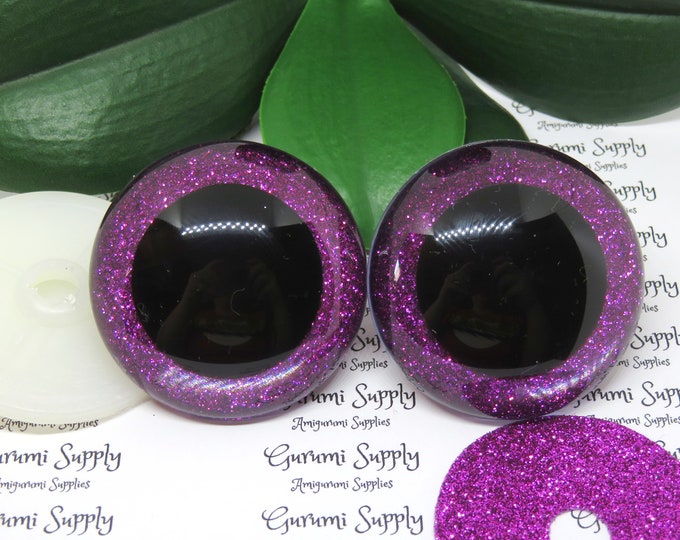 50mm Clear Round Safety Eyes with Purple Glitter Non-Woven Slip Iris, Black Pupil and Washers: 1 Pair - Dolls / Amigurumi / Animal / Crochet