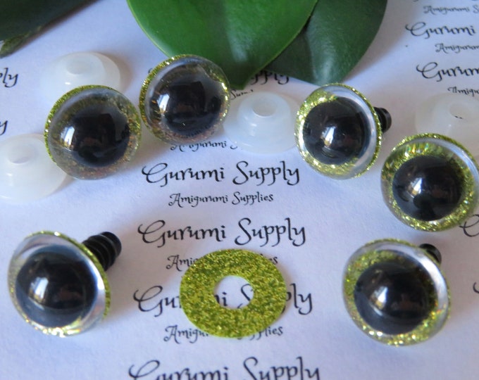 16mm Clear Round Plastic Safety Eyes with Yellow-Green Glitter NonWoven Slip Iris Black Pupil and Washers: 1 Pair Amigurumi/Animal/Crochet