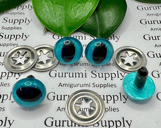 15mm Hand Painted Met. Teal Iris Black Pupil Cat Style Safety Eyes and Washers: 2 Pairs – Dragon / Amigurumi / Craft Supplies