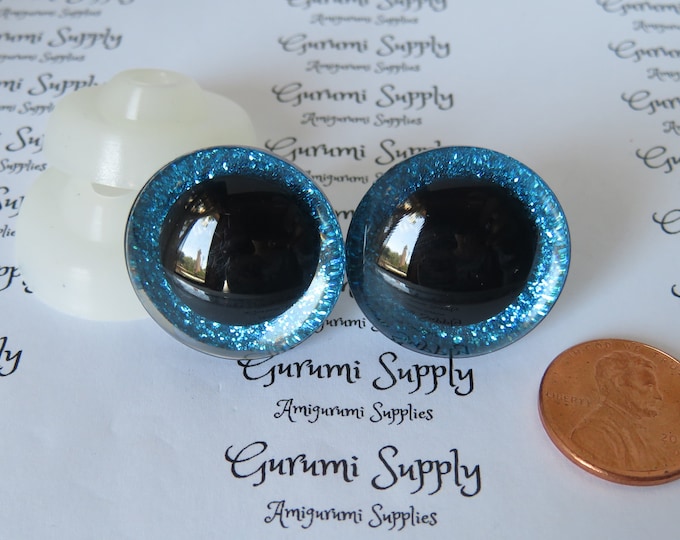 24mm Clear Trapezoid Safety Eyes with a Blue Glitter Non-Woven Slip Iris, Black Iris and Washers: 1 Pair - Dolls /  Amigurumi / Crochet