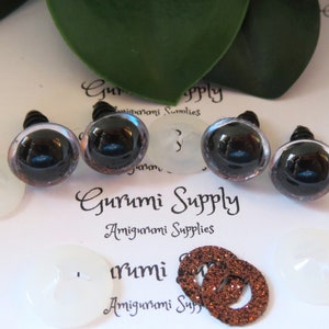 12 mm klare runde Kunststoff Sicherheitsaugen mit brauner Glitzer Vlies Slip Iris und Unterlegscheiben: 2 Paar - Puppen/Amigurumi/Tier/Häkeln