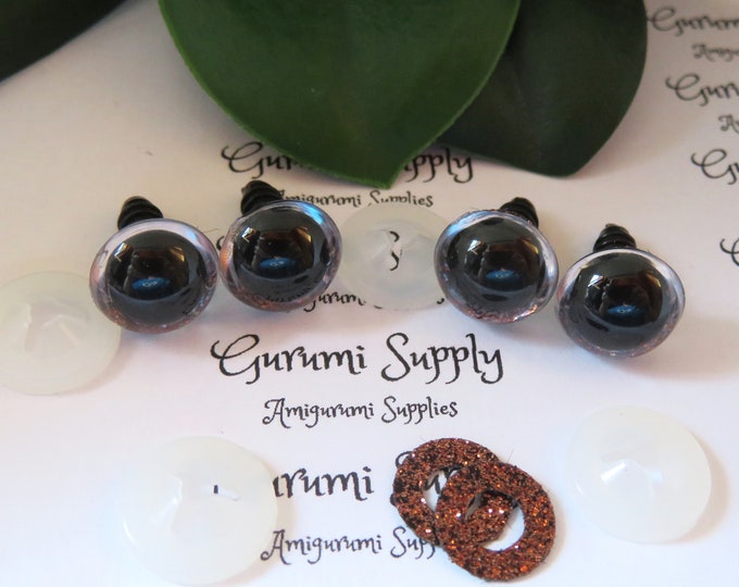 12mm Clear Round Plastic Safety Eyes with a Brown Glitter Non-Woven Slip Iris and Washers: 2 Pairs - Dolls/Amigurumi/Animal/Crochet