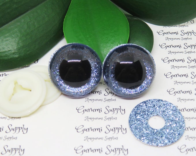 30mm Clear Round Safety Eyes with Blue Ice Glitter Non-Woven Slip Iris, Black Pupil and Washers: 1 Pair - Doll / Amigurumi / Animal /Crochet