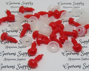 Narices de seguridad de color rojo sólido de 6 x 8 mm con arandelas - 4 unidades / Sentido del olfato / Amigurumi / Animales / Creaciones de peluche / Juguetes de peluche