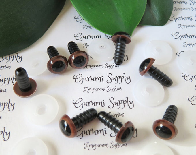 10mm Brown Iris Black Pupil Round Safety Eyes and Washers: 4 Pairs - Dolls / Amigurumi / Animal / Stuffed Creations / Paintfree / Craft Eyes