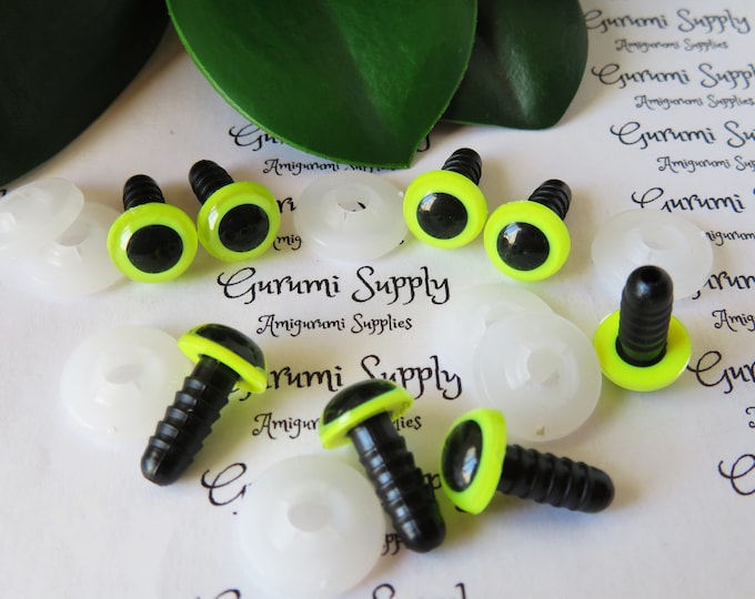 10mm Neon Yellow Iris Black Pupil Round Safety Eyes and Washers: 4 Pairs - Dolls/Amigurumi/Animals/ Stuffed Creations/Crochet/Paintfree/Knit