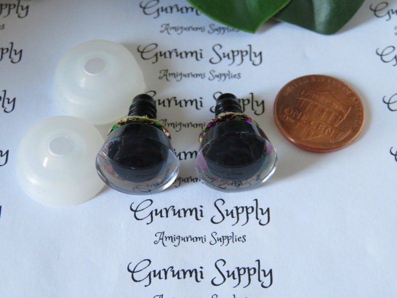 16mm Clear Trapezoid Plastic Safety Eyes with a Mardi Gras Glitter Non-Woven Slip Iris and Washers: 2 Count/1 Pair Dolls/Amigurumi/Animal image 3