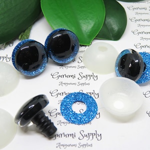 20mm Clear Trapezoid Plastic Safety Eyes with Blue Glitter Non-Woven Slip Iris, Black Iris and Washers: 1 Pair - Amigurumi / Animals Eyes