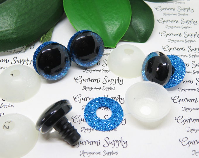 20mm Clear Trapezoid Plastic Safety Eyes with Blue Glitter Non-Woven Slip Iris, Black Iris and Washers: 1 Pair - Amigurumi / Animals Eyes