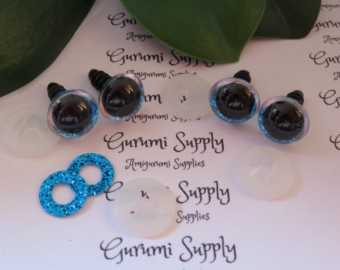 12mm Clear Round Plastic Safety Eyes with a Blue Glitter Non-Woven Slip Iris and Washers: 2 Pairs - Doll / Amigurumi / Animal / Sparkle