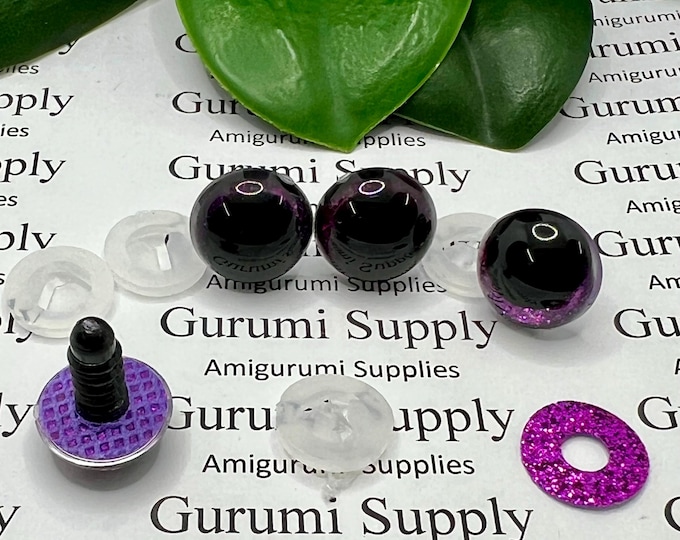 14mm Clear Safety Eyes with Purple Glitter Non-Woven Slip Iris, Black OC Pupil and Washers: 1 Pair - Amigurumi / Off Center / Round