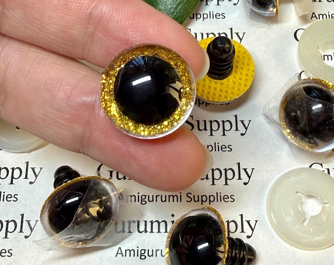 18mm Clear Round Safety Eyes with Gold Glitter Non-Woven Slip Iris, Black Pupil and Washers: 1 Pair - Doll / Amigurumi / Animal / Crochet