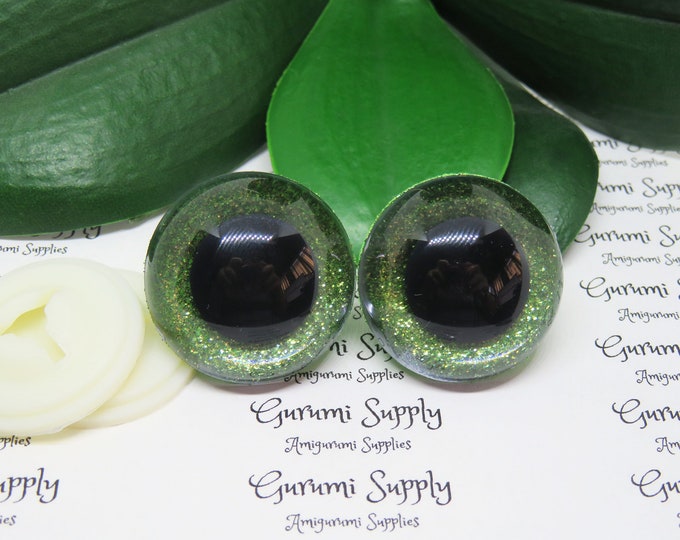 30mm Clear Round Plastic Safety Eyes with Yellow-Green Glitter Non-Woven Slip Iris, Black Pupil and Washers: 1 Pair - Lime Green / Dolls