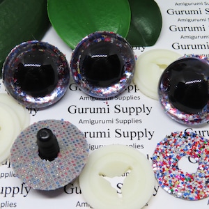 30mm Clear Round Safety Eyes with Patriotic Glitter Non-Woven Slip Iris, Black Pupil and Washers: 1 Pair - Amigurumi / Animal / Crochet