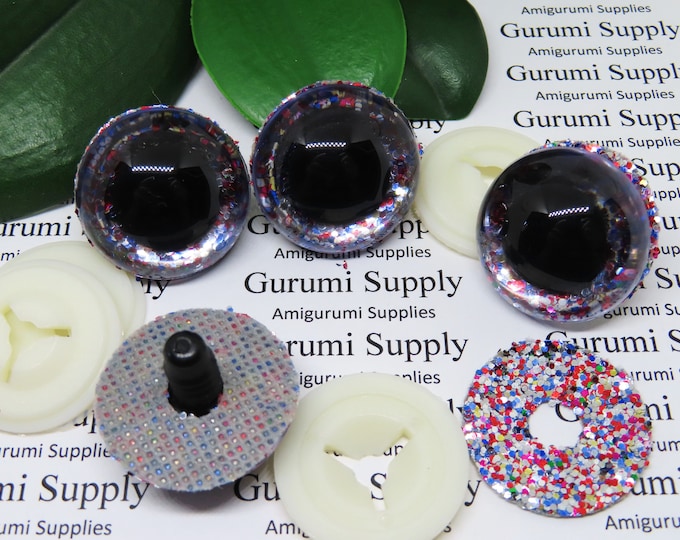 30mm Clear Round Safety Eyes with Patriotic Glitter Non-Woven Slip Iris, Black Pupil and Washers: 1 Pair - Amigurumi / Animal / Crochet