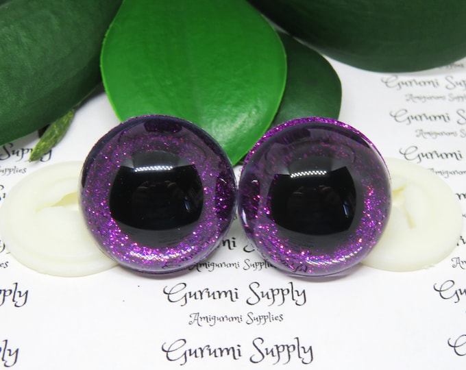 30mm Clear Round Safety Eyes with Purple Glitter Non-Woven Slip Iris, Black Pupil and Washers: 1 Pair - Dolls / Amigurumi / Animal / Crochet