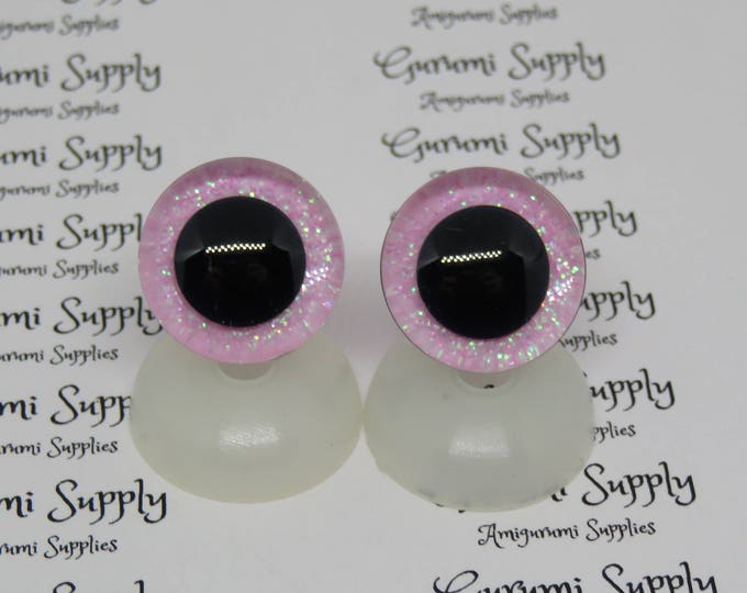 20mm Clear Trapezoid Plastic Safety Eyes with a Light Pink Glitter Non-Woven Slip Iris and Washers: 1 Pair - Dolls / Amigurumi / Animal