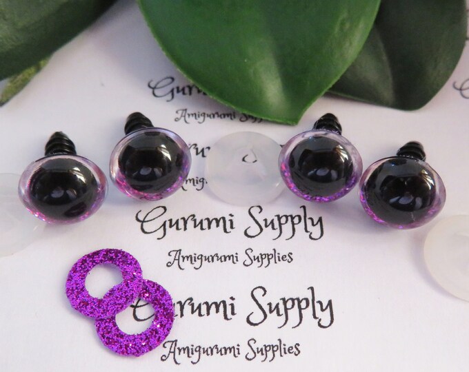 12mm Clear Round Plastic Safety Eyes with a Purple Glitter Non-Woven Slip Iris and Washers: 2 Pairs - Dolls/Amigurumi/Animal/Crochet/Knit