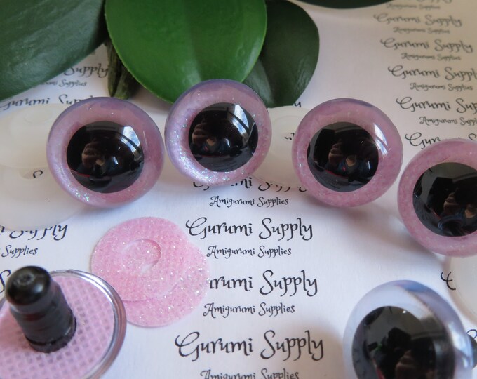 24mm Clear Round Plastic Safety Eyes with a Light Pink Glitter Non-Woven Slip Iris, Black Pupil and Washers: 1 Pair - Amigurumi Eyes / Toys