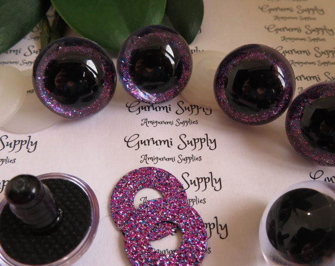 24mm Clear Round Plastic Safety Eyes with a Purple Sparkle Glitter Non-Woven Slip Iris, Black Pupil and Washers: 1 Pair - Amigurumi