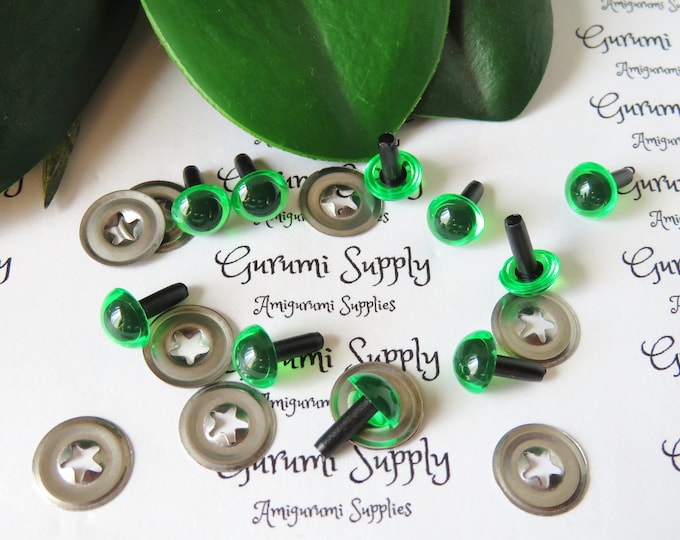 7.5mm Translucent Green Iris Black Pupil Round Safety Eyes and Washers: 5 Pairs - Dolls / Amigurumi / Animal / Stuffed Creations / Crochet