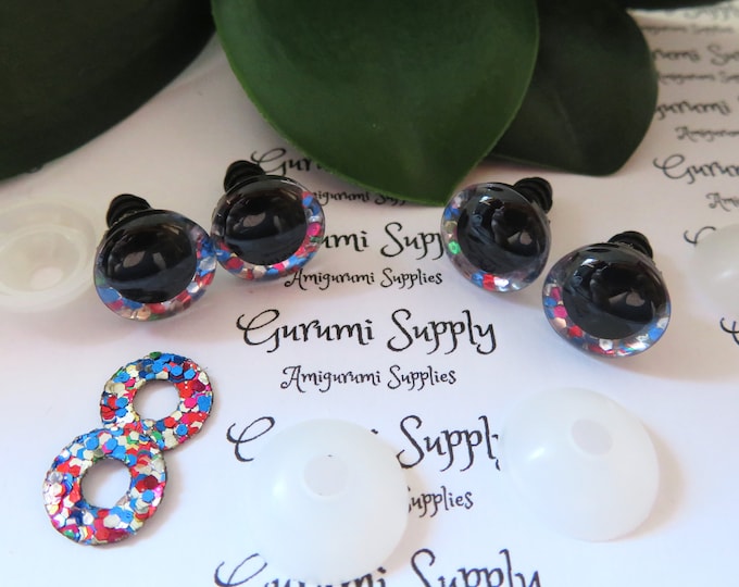 12mm Clear Trapezoid Plastic Safety Eyes with a Patriotic Glitter Non-Woven Slip Iris and Washers: 2 Pairs - Dolls/Amigurumi/Animal
