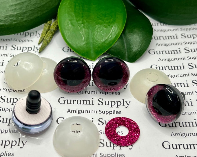 20mm Clear Trapezoid Plastic Safety Eyes with a Raspberry Glitter Non-Woven Slip Iris and Washers: 1 Pair - Doll / Amigurumi / Animal / Toy