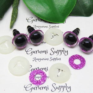 10mm Clear Round Plastic Safety Eyes with a Hot Pink Glitter Non-Woven Slip Iris and Washers: 2 Pairs - Dolls / Amigurumi / Animal / Crochet