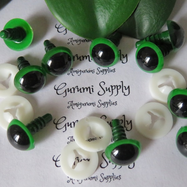 12mm Green Iris Black Pupil Round Safety Eyes and Washers: 3 Pairs - Dolls / Amigurumi / Animals / Stuffed Creations / Crochet / Knit