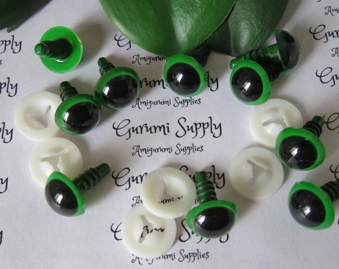 12mm Green Iris Black Pupil Round Safety Eyes and Washers: 3 Pairs - Dolls / Amigurumi / Animals / Stuffed Creations / Crochet / Knit