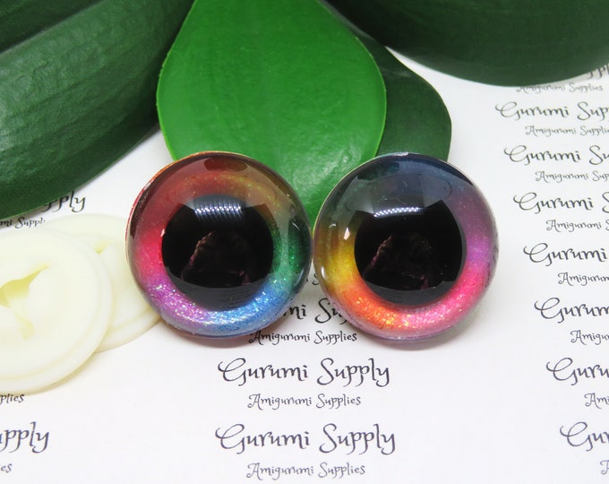 30mm Clear Safety Eyes with a ROYGBV Glitter Slip and Black Iris with Washers: 1 Pair - Rainbow / Amigurumi / Animals / Stuffed Creations