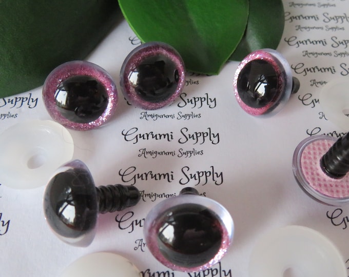 20mm Clear Round Safety Eyes with a Pink Glitter Non-Woven Slip Iris, Black Pupil and Washers:  1 Pair - Dolls / Amigurumi / Animal