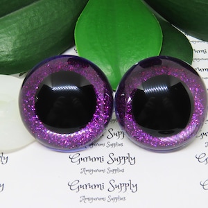 40mm Clear Round Safety Eyes with Purple Glitter Non-Woven Slip Iris, Black Pupil and Washers: 1 Pair - Dolls / Amigurumi / Animal / Crochet