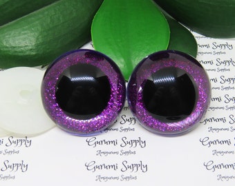 40mm Clear Round Safety Eyes with Purple Glitter Non-Woven Slip Iris, Black Pupil and Washers: 1 Pair - Dolls / Amigurumi / Animal / Crochet