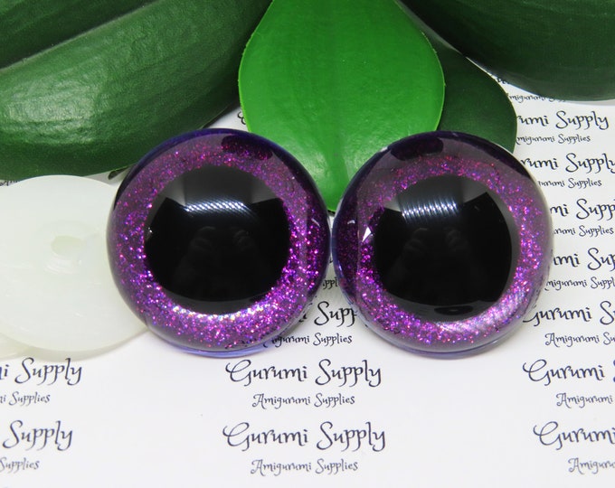 40mm Clear Round Safety Eyes with Purple Glitter Non-Woven Slip Iris, Black Pupil and Washers: 1 Pair - Dolls / Amigurumi / Animal / Crochet