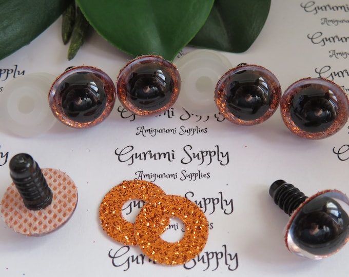 16mm Clear Round Safety Eyes with an Orange Glitter Non-Woven Slip Iris, Black Pupil and Washers: 1 Pair - Dolls / Amigurumi / Animals /Toys
